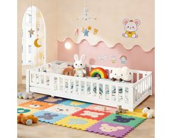 BursDany Montessori Kinderbed 90x200 cm - Versterkt massief houten frame met veiligheidshek en schaalbare lattenbodem, eenpersoonsbed voor jongens en meisjes - Minimalistisch ontwerp wit (zonder matras)