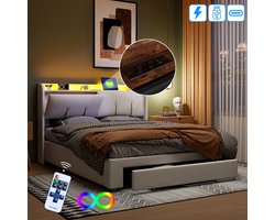 BursDany Opbergbed 140x200 cm met LED en USB, gestoffeerd tweepersoonsbed met laden, opbergruimte en lattenbodem, voor volwassenen en tieners, zonder matras, fluweel beige