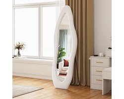 BursDany Passpiegel 160x50 cm, Asymmetrische Wandspiegel met Fluweel Frame, Hangend, Staand of Tegen de Muur Leunend, Vloerspiegel voor Slaapkamer, Hal, Woonkamer, Wit
