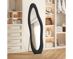 BursDany Passpiegel 160x50 cm, Asymmetrische Wandspiegel met Fluweel Frame, Hangend, Staand of Tegen de Muur Leunend, Vloerspiegel voor Slaapkamer, Hal, Woonkamer, Zwart