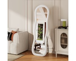 BursDany Passpiegel 160x50 cm, Golvende Wandspiegel met Fluweel Frame, Hangend, Staand of Tegen de Muur Leunend, Vloerspiegel voor Slaapkamer, Hal, Woonkamer, Wit