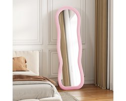 BursDany Passpiegel 160x50 cm, Golvende Wandspiegel met Fluweel Frame, Hangend, Staand of Tegen de Muur Leunend, Vloerspiegel voor Slaapkamer, Hal, Woonkamer, Roze