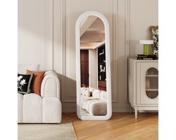 BursDany Passpiegel 160x50 cm, Halfrond Wandspiegel met Fluweel Frame, Hangend, Staand of Tegen de Muur Leunend, Vloerspiegel voor Slaapkamer, Hal, Woonkamer, Wit
