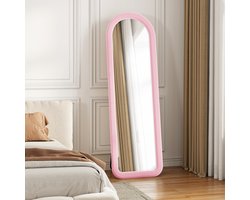 BursDany Passpiegel 160x50 cm, Halfrond Wandspiegel met Fluweel Frame, Hangend, Staand of Tegen de Muur Leunend, Vloerspiegel voor Slaapkamer, Hal, Woonkamer, Roze