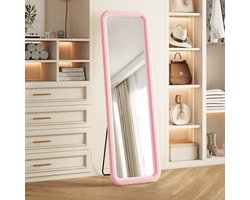 BursDany Passpiegel 160x50 cm, Rechthoekige Wandspiegel met Fluweel Frame, Hangend, Staand of Tegen de Muur Leunend, Vloerspiegel voor Slaapkamer, Hal, Woonkamer, Roze