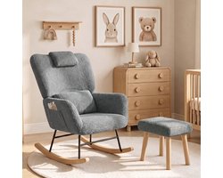 BursDany Schommelstoel met voetenbank, verpleegstoel van pluche stof, schommelstoel met lendenkussen, hoofdsteun en zijvakken, massief houten onderstel, relaxfauteuil voor woonkamer, slaapkamer, babykamer, grijs