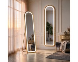 BursDany Staande Spiegel 150x40 cm met dimbare LED-verlichting, Ovale Passpiegel met aluminium lijst (staand/hangend/leunend), Grote Wandspiegel voor slaapkamer, hal en woonkamer, Goud