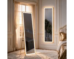 BursDany Staande Spiegel 150x40 cm met dimbare LED-verlichting, Rechthoekige Passpiegel met aluminium lijst (hangend/leunend/staand) , Grote Wandspiegel voor badkamer, slaapkamer hal of woonkamer, Goud
