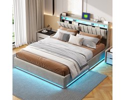 BursDany Tweepersoons Opbergbed 140x200 cm met LED en USB, Opberg Hoofdeinde - Gestoffeerd Bedframe voor Volwassenen en Tieners, 500 KG Ondersteuning, Grijs Fluweel (Zonder Matras)