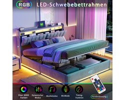 BursDany Tweepersoons Opbergbed 160x200 cm met LED en USB, opberghoofdeinde - gestoffeerd bedframe voor volwassenen en tieners, 500 kg ondersteuning, grijs fluweel (zonder matras)
