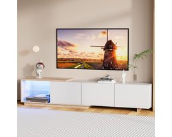 BursDany Uitrekbare TV-Meubel 163-240cm – Moderne Lage Televisiemeubel met 3 Laden en LED-Ambiëntverlichting, TV-kast voor Woonkamer/Slaapkamer (tot 65 inch), Wit