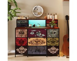 BursDany Vintage Bloemen Slaapkamer Dressoir - 13 Laden en 2 Open Planken, LED en USB, Stoffen Opbergkast, Houten en Metalen Ladekast