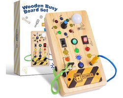 Busy Board Montessori Speelgoed – Activiteitenbord van Hout met Knop & Licht – Educatief Montessori Spel voor Baby’s & Peuters 1–2 Jaar – Cadeau voor Meisjes & Jongens