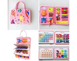 Busy Board Montessori speelgoed voor peuters, sensorisch boek met educatieve activiteiten voor het ontwikkelen van fijne motoriek, verjaardagscadeau voor jongens en meisjes, reisspeelgoed voor kinderen in de auto of vliegtuig, Roze