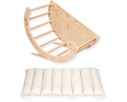Buxibo 2-in-1 Klimboog met Kussen – Houten Speelboog – Montessori Klimrek – 80x47x58 cm – Naturel
