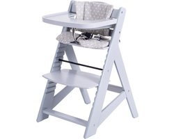 Buxibo Houten Meegroeistoel Kind - Inclusief Eetblad - Verstelbare Kinderstoel voor Comfort en Design - Inclusief kussen - 48×58×80cm - Grijs