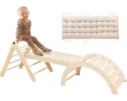 Buxibo Mini Klimrek Set – Klimdriehoek & Klimboog met Kussen & Klimhelling met Glijbaan – Montessori Speelgym – 176x47x59 cm – Naturel