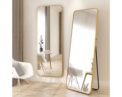 Buxibo Passpiegel - Minimalistische Design Wandspiegel - Staande Rechthoekige Spiegel met Metalen Rand - Goud - 50x160x3 CM
