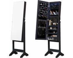 Buxibo Sieradenkast op Poten - Met Spiegel - Passpiegel - Wandspiegel Kast - Sieraden Organizer -155x41x37cm - Zwart