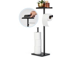 BuyHub WC Rolhouder - 3 in 1 - Staand - Zonder boren - Met plankje - Reserverolhouder - Toiletpapierhouder - Vrijstaand - Zwart