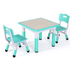 Buylin Kindertafel en 2 Stoeltjes - Speeltafel voor kinderen - Kindertafel - In Hoogte Verstelbaar - 3-8 jaar - Turquoise - Vierkante Tafel