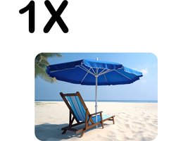 BWK Flexibele Placemat - Blauwe Stoel met Parasol op Prachting Wit Strand - Set van 1 Placemats - 40x30 cm - PVC Doek - Afneembaar