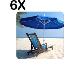BWK Flexibele Placemat - Blauwe Stoel met Parasol op Prachting Wit Strand - Set van 6 Placemats - 40x40 cm - PVC Doek - Afneembaar