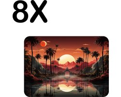 BWK Flexibele Placemat - Getekend - Palmbomen - Zon - Landschap - Weerspiegeling - Set van 8 Placemats - 40x30 cm - PVC Doek - Afneembaar