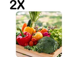 BWK Flexibele Placemat - Groente in een Houten Kistje - Set van 2 Placemats - 40x40 cm - PVC Doek - Afneembaar