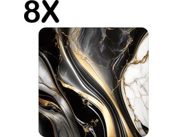BWK Flexibele Placemat - Zwart met Wit en Gouden Marmer - Set van 8 Placemats - 40x40 cm - PVC Doek - Afneembaar