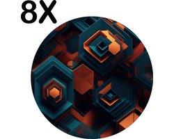 BWK Flexibele Ronde Placemat - Artistiek Blauw met Oranje Patroon - Set van 8 Placemats - 50x50 cm - PVC Doek - Afneembaar
