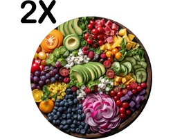 BWK Flexibele Ronde Placemat - Groente en Fruit in Kleine Stukjes - Set van 2 Placemats - 50x50 cm - PVC Doek - Afneembaar