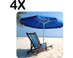 BWK Luxe Placemat - Blauwe Stoel met Parasol op Prachting Wit Strand - Set van 4 Placemats - 50x50 cm - 2 mm dik Vinyl - Anti Slip - Afneembaar
