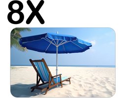BWK Luxe Placemat - Blauwe Stoel met Parasol op Prachting Wit Strand - Set van 8 Placemats - 45x30 cm - 2 mm dik Vinyl - Anti Slip - Afneembaar