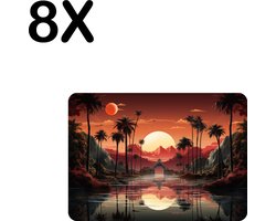 BWK Luxe Placemat - Getekend - Palmbomen - Zon - Landschap - Weerspiegeling - Set van 8 Placemats - 35x25 cm - 2 mm dik Vinyl - Anti Slip - Afneembaar