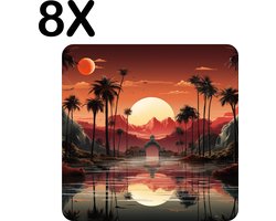 BWK Luxe Placemat - Getekend - Palmbomen - Zon - Landschap - Weerspiegeling - Set van 8 Placemats - 40x40 cm - 2 mm dik Vinyl - Anti Slip - Afneembaar