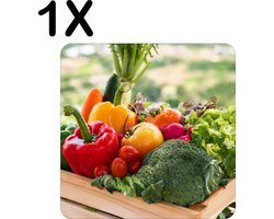 BWK Luxe Placemat - Groente in een Houten Kistje - Set van 1 Placemats - 50x50 cm - 2 mm dik Vinyl - Anti Slip - Afneembaar