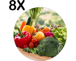 BWK Luxe Ronde Placemat - Groente in een Houten Kistje - Set van 8 Placemats - 40x40 cm - 2 mm dik Vinyl - Anti Slip - Afneembaar
