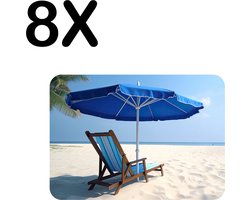 BWK Stevige Placemat - Blauwe Stoel met Parasol op Prachting Wit Strand - Set van 8 Placemats - 40x30 cm - 1 mm dik Polystyreen - Afneembaar
