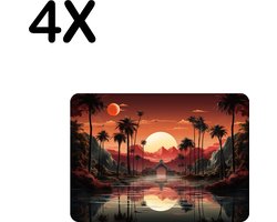 BWK Stevige Placemat - Getekend - Palmbomen - Zon - Landschap - Weerspiegeling - Set van 4 Placemats - 35x25 cm - 1 mm dik Polystyreen - Afneembaar