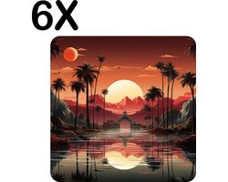BWK Stevige Placemat - Getekend - Palmbomen - Zon - Landschap - Weerspiegeling - Set van 6 Placemats - 50x50 cm - 1 mm dik Polystyreen - Afneembaar
