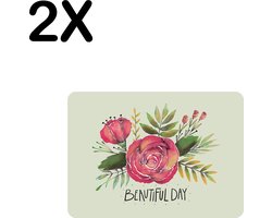 BWK Stevige Placemat - Getekende Roos - Beautiful Day - Groen met Rood - Set van 2 Placemats - 35x25 cm - 1 mm dik Polystyreen - Afneembaar