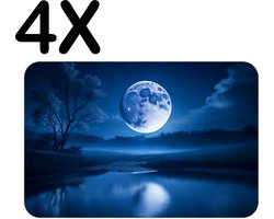 BWK Stevige Placemat - Grote Volle Maan met Blauw Licht over Water - Set van 4 Placemats - 45x30 cm - 1 mm dik Polystyreen - Afneembaar