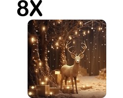 BWK Stevige Placemat - Hert in het Bos met Gouden Gloed - Set van 8 Placemats - 50x50 cm - 1 mm dik Polystyreen - Afneembaar