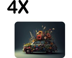 BWK Stevige Placemat - Kustige Bloemen Auto - Set van 4 Placemats - 40x30 cm - 1 mm dik Polystyreen - Afneembaar