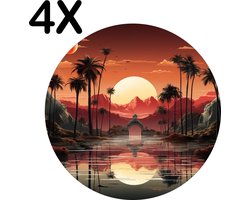 BWK Stevige Ronde Placemat - Getekend - Palmbomen - Zon - Landschap - Weerspiegeling - Set van 4 Placemats - 40x40 cm - 1 mm dik Polystyreen - Afneembaar