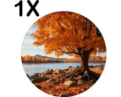 BWK Stevige Ronde Placemat - Herfstige boom aan de Rand van een Meer - Set van 1 Placemats - 50x50 cm - 1 mm dik Polystyreen - Afneembaar