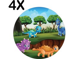 BWK Stevige Ronde Placemat - Vrolijke Cartoon Dino's - Set van 4 Placemats - 50x50 cm - 1 mm dik Polystyreen - Afneembaar