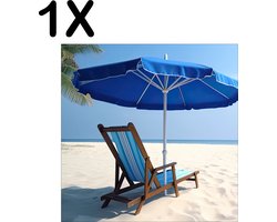 BWK Textiele Placemat - Blauwe Stoel met Parasol op Prachting Wit Strand - Set van 1 Placemats - 50x50 cm - Polyester Stof - Afneembaar
