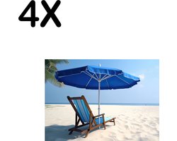 BWK Textiele Placemat - Blauwe Stoel met Parasol op Prachting Wit Strand - Set van 4 Placemats - 35x25 cm - Polyester Stof - Afneembaar